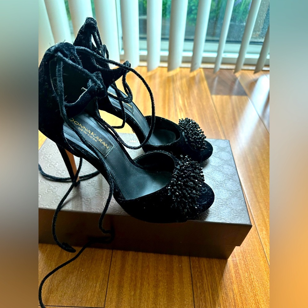 Black lace up velvet jeweled Donna Karen NY heels
